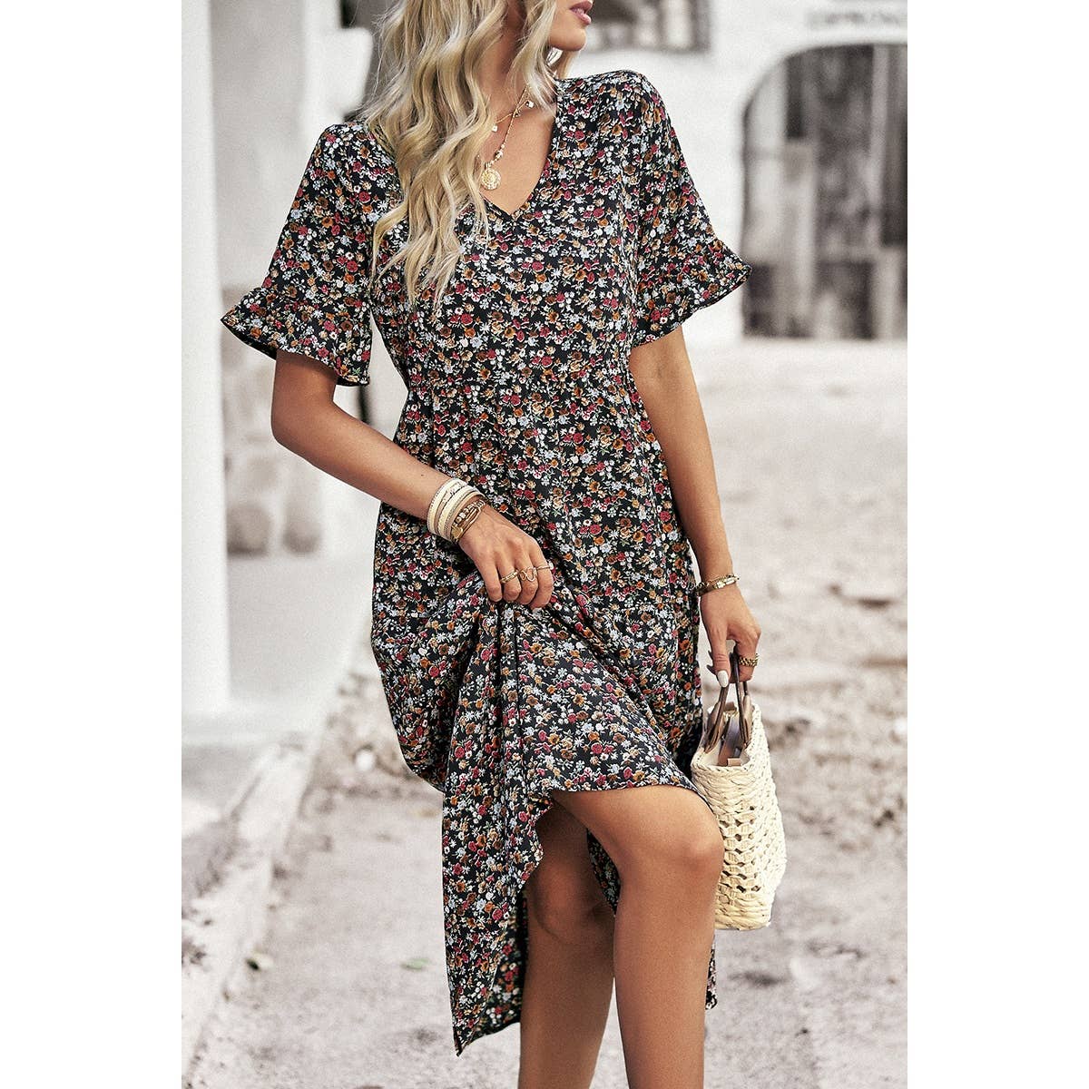 Floral Print Fit Ruffle Sleeve Midi Dress - MVTFASHION.COM