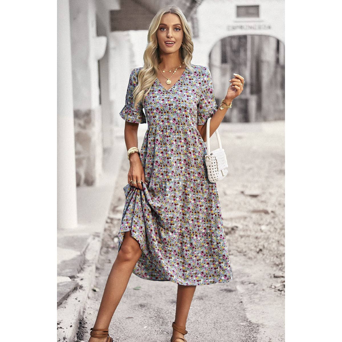 Floral Print Fit Ruffle Sleeve Midi Dress - MVTFASHION.COM