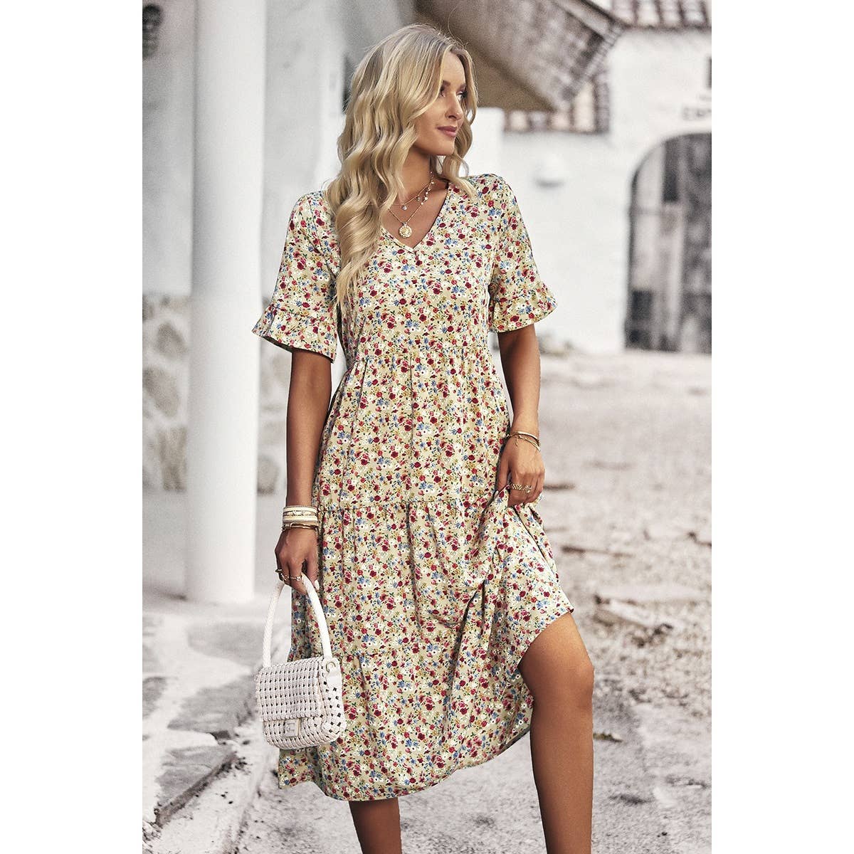 Floral Print Fit Ruffle Sleeve Midi Dress - MVTFASHION.COM