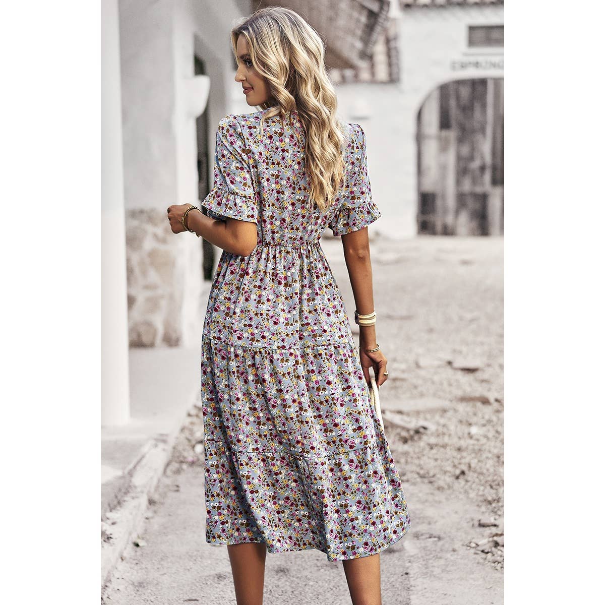 Floral Print Fit Ruffle Sleeve Midi Dress - MVTFASHION.COM