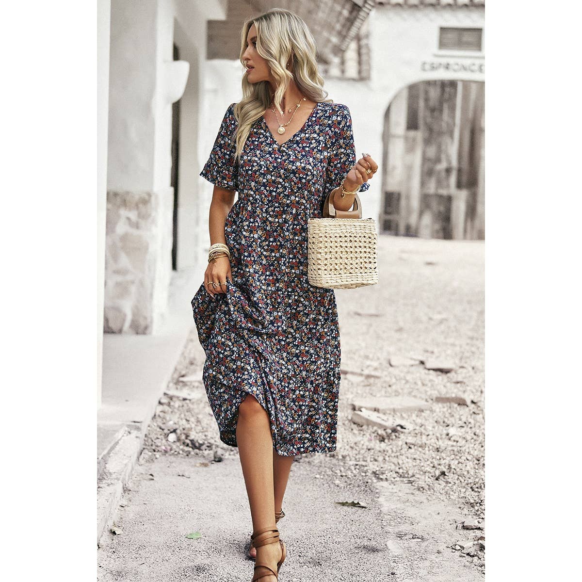 Floral Print Fit Ruffle Sleeve Midi Dress - MVTFASHION.COM