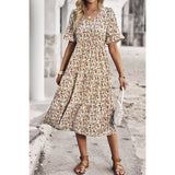 Floral Print Fit Ruffle Sleeve Midi Dress - MVTFASHION.COM