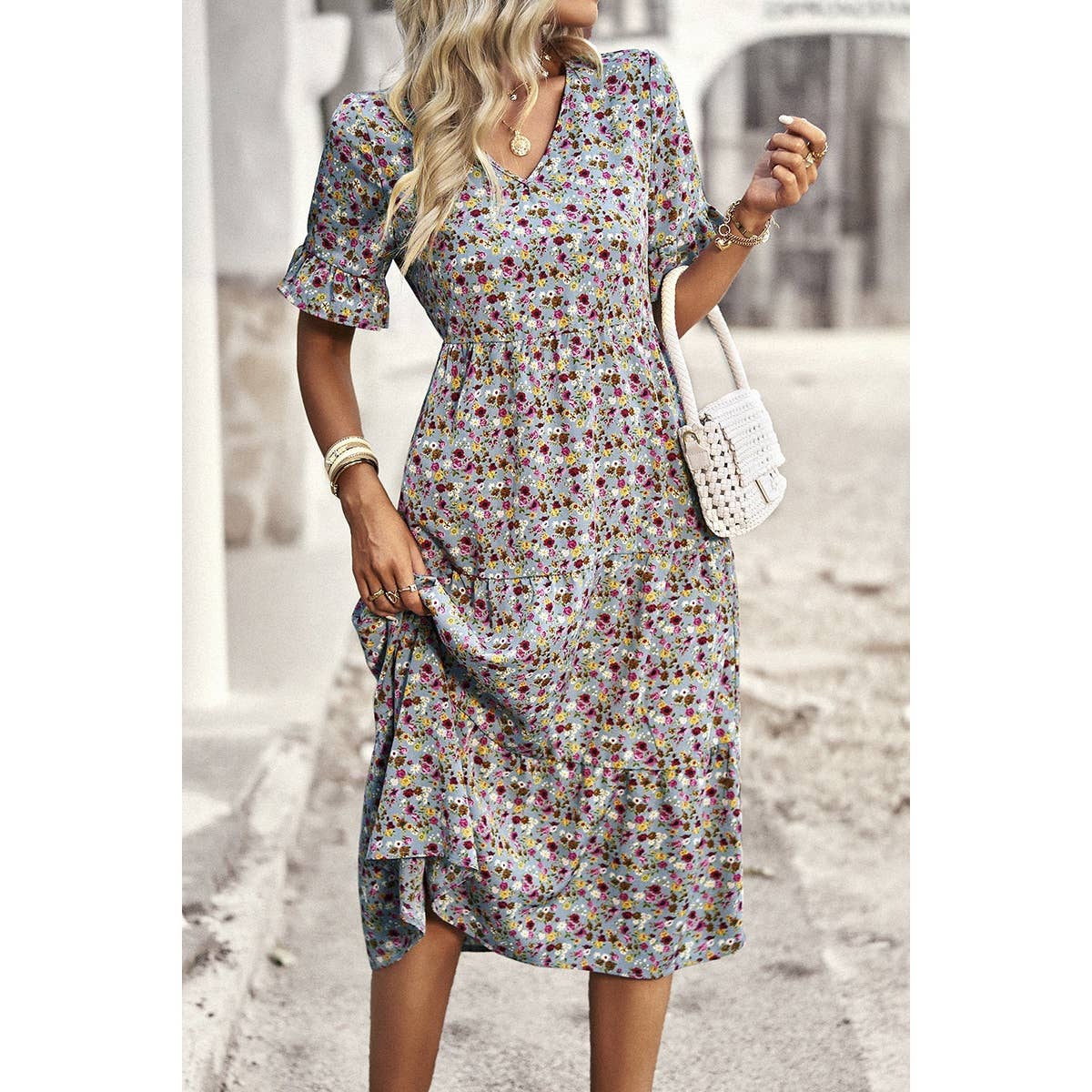 Floral Print Fit Ruffle Sleeve Midi Dress - MVTFASHION.COM