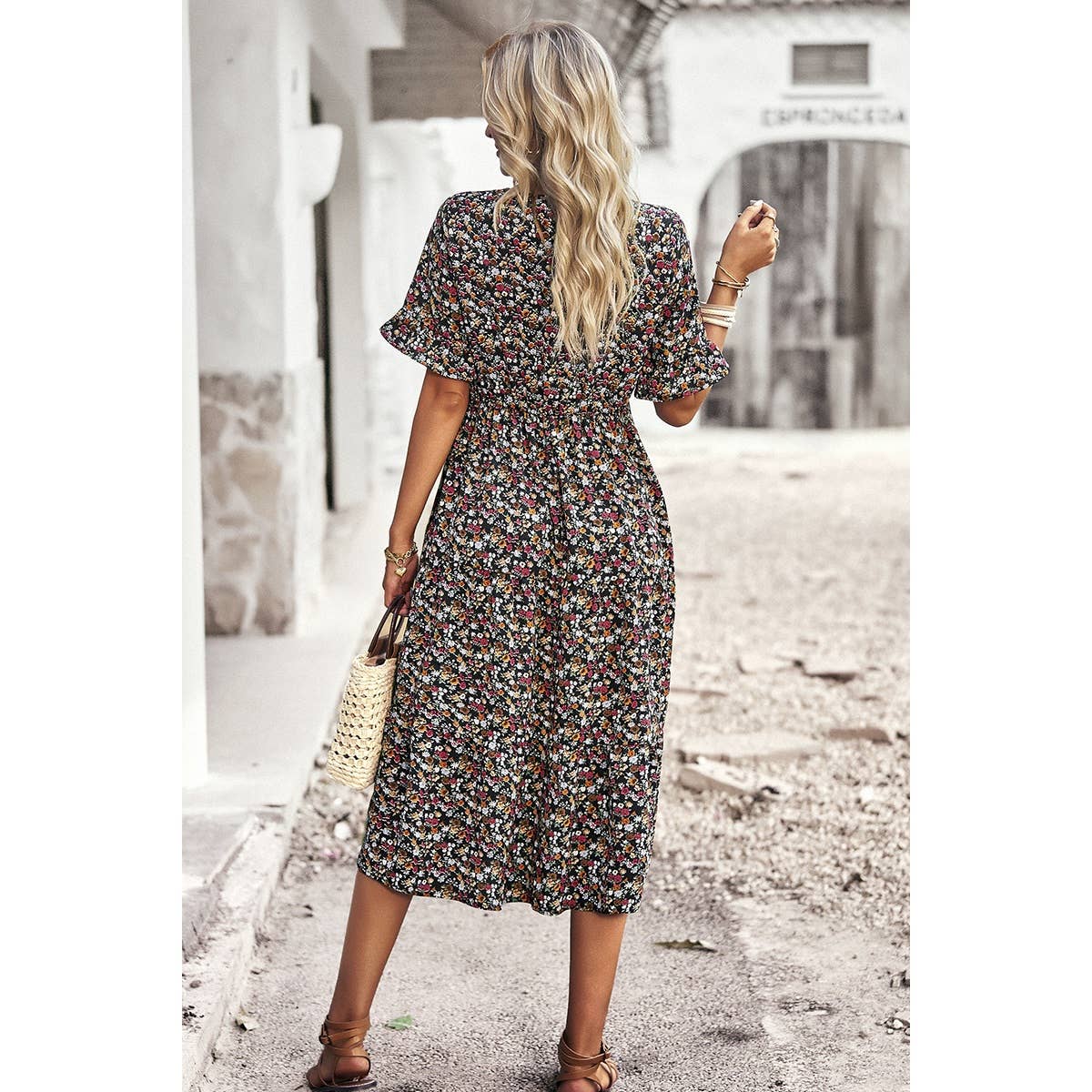 Floral Print Fit Ruffle Sleeve Midi Dress - MVTFASHION.COM