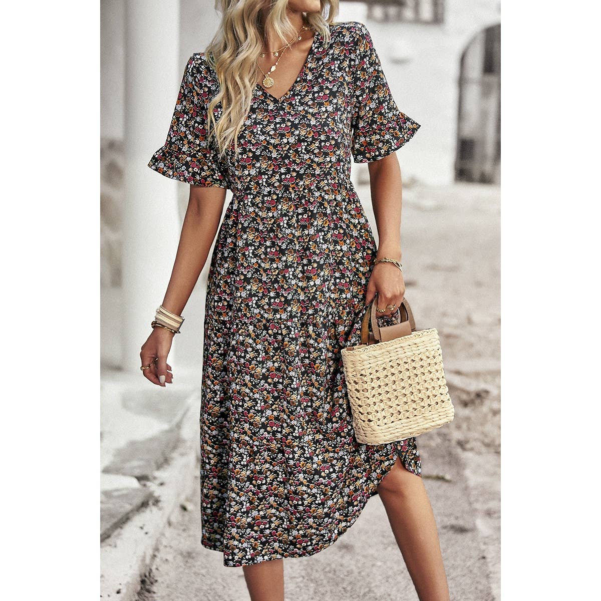 Floral Print Fit Ruffle Sleeve Midi Dress - MVTFASHION.COM