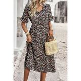 Floral Print Fit Ruffle Sleeve Midi Dress - MVTFASHION.COM