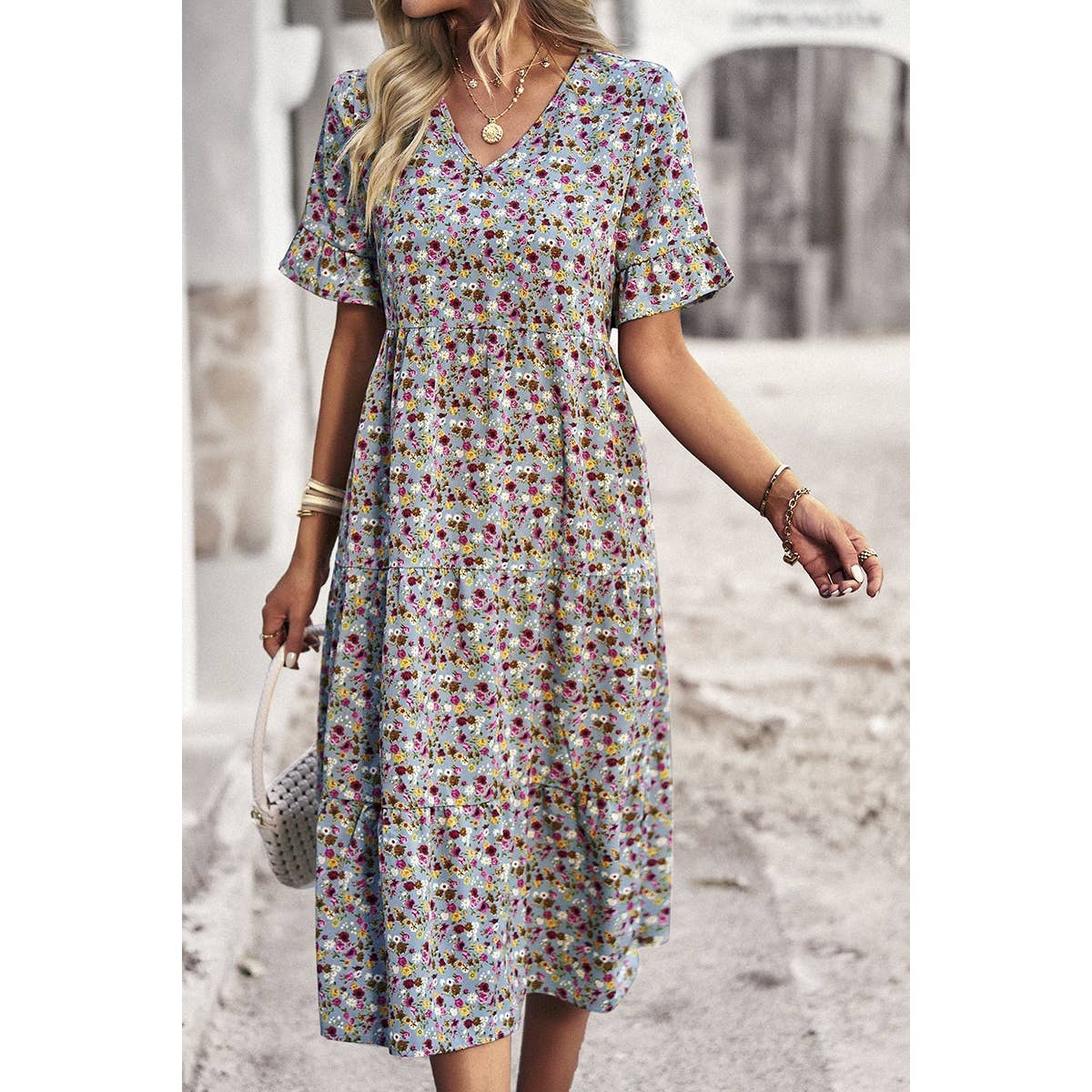 Floral Print Fit Ruffle Sleeve Midi Dress - MVTFASHION.COM