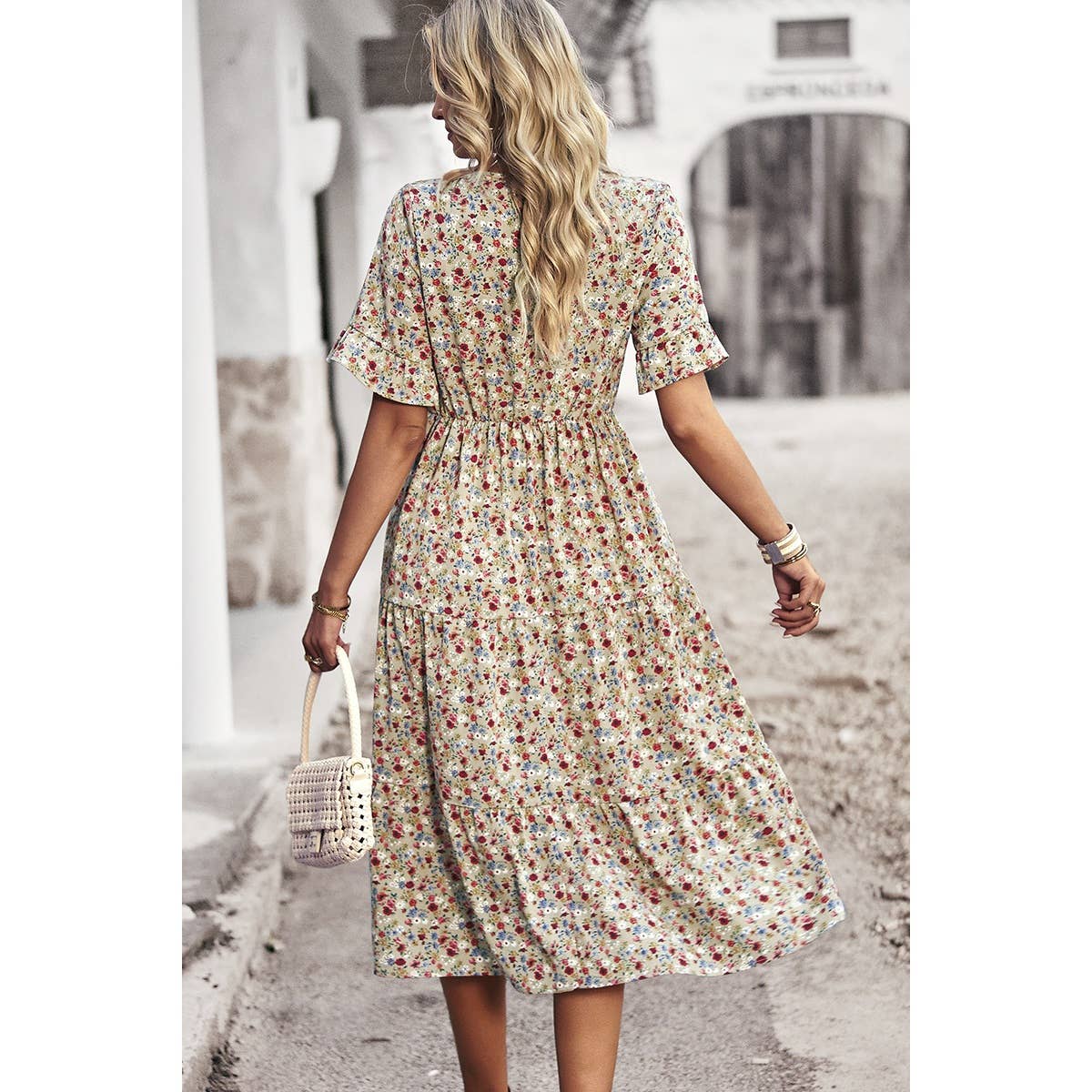 Floral Print Fit Ruffle Sleeve Midi Dress - MVTFASHION.COM