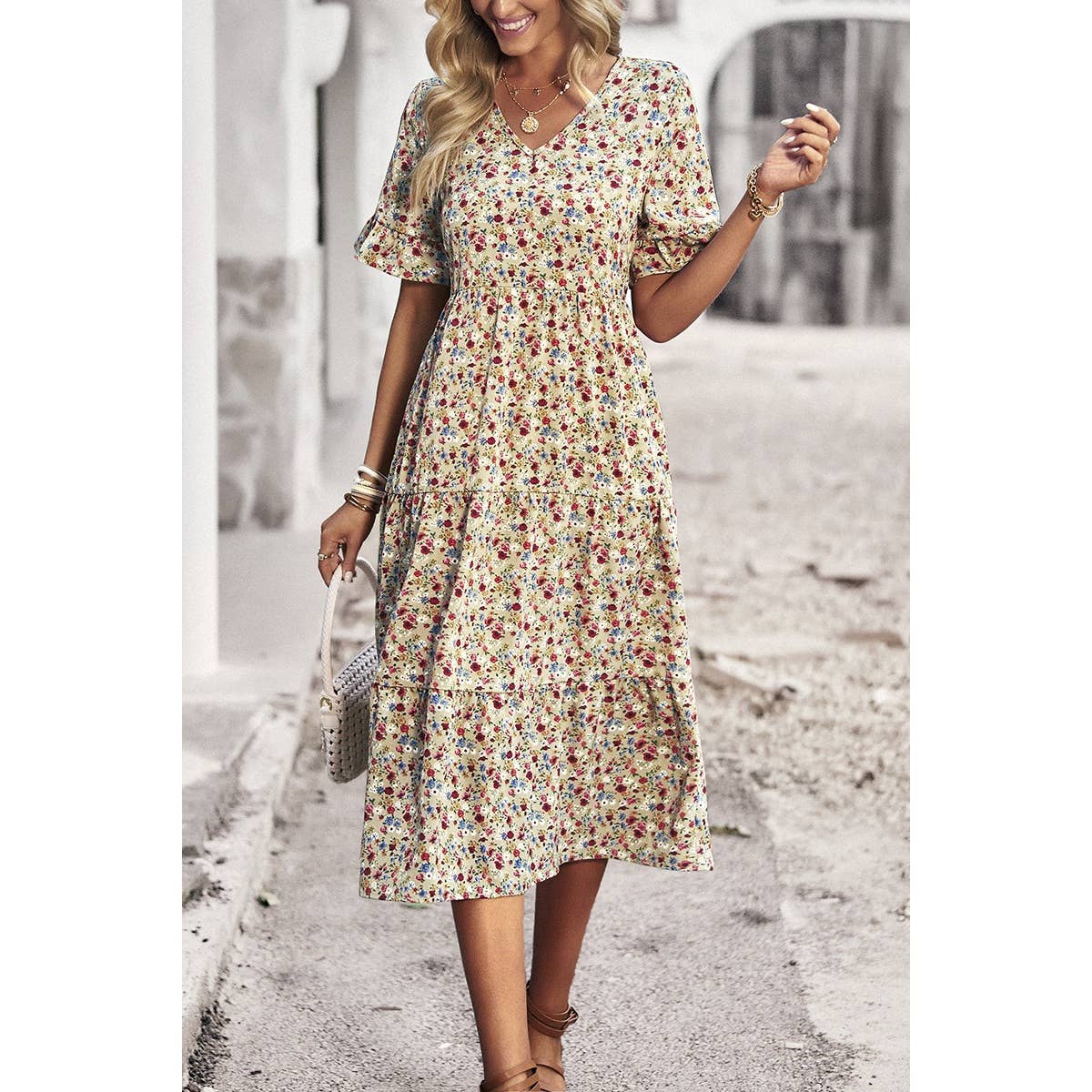 Floral Print Fit Ruffle Sleeve Midi Dress - MVTFASHION.COM