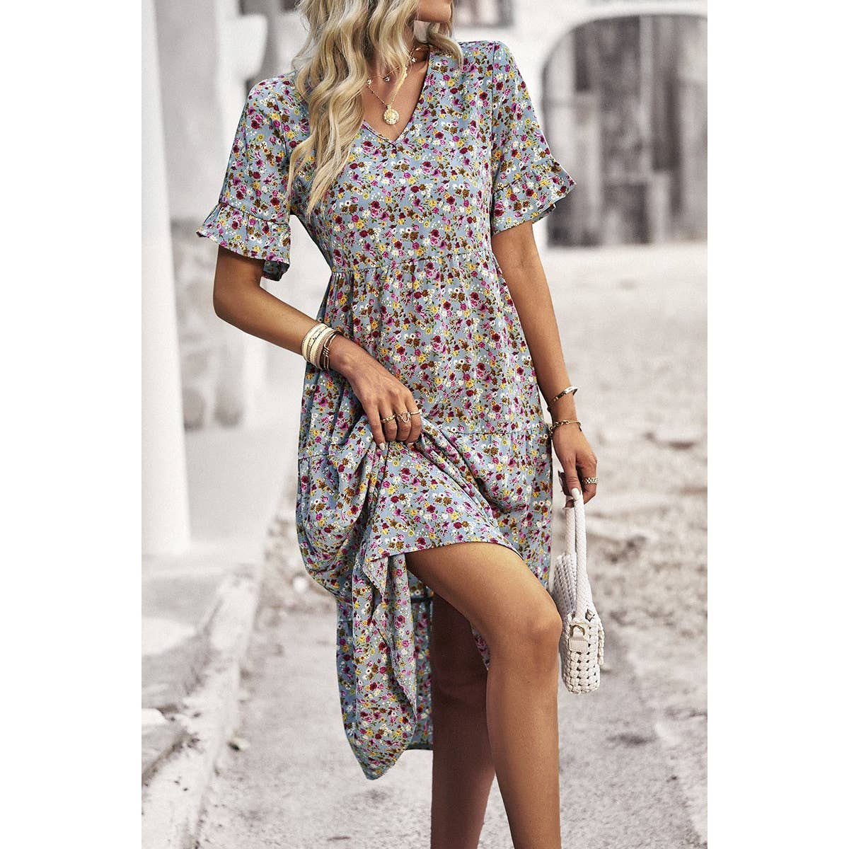 Floral Print Fit Ruffle Sleeve Midi Dress - MVTFASHION.COM