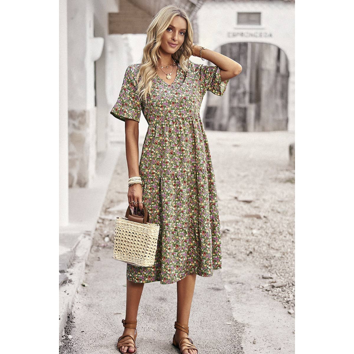 Floral Print Fit Ruffle Sleeve Midi Dress - MVTFASHION.COM