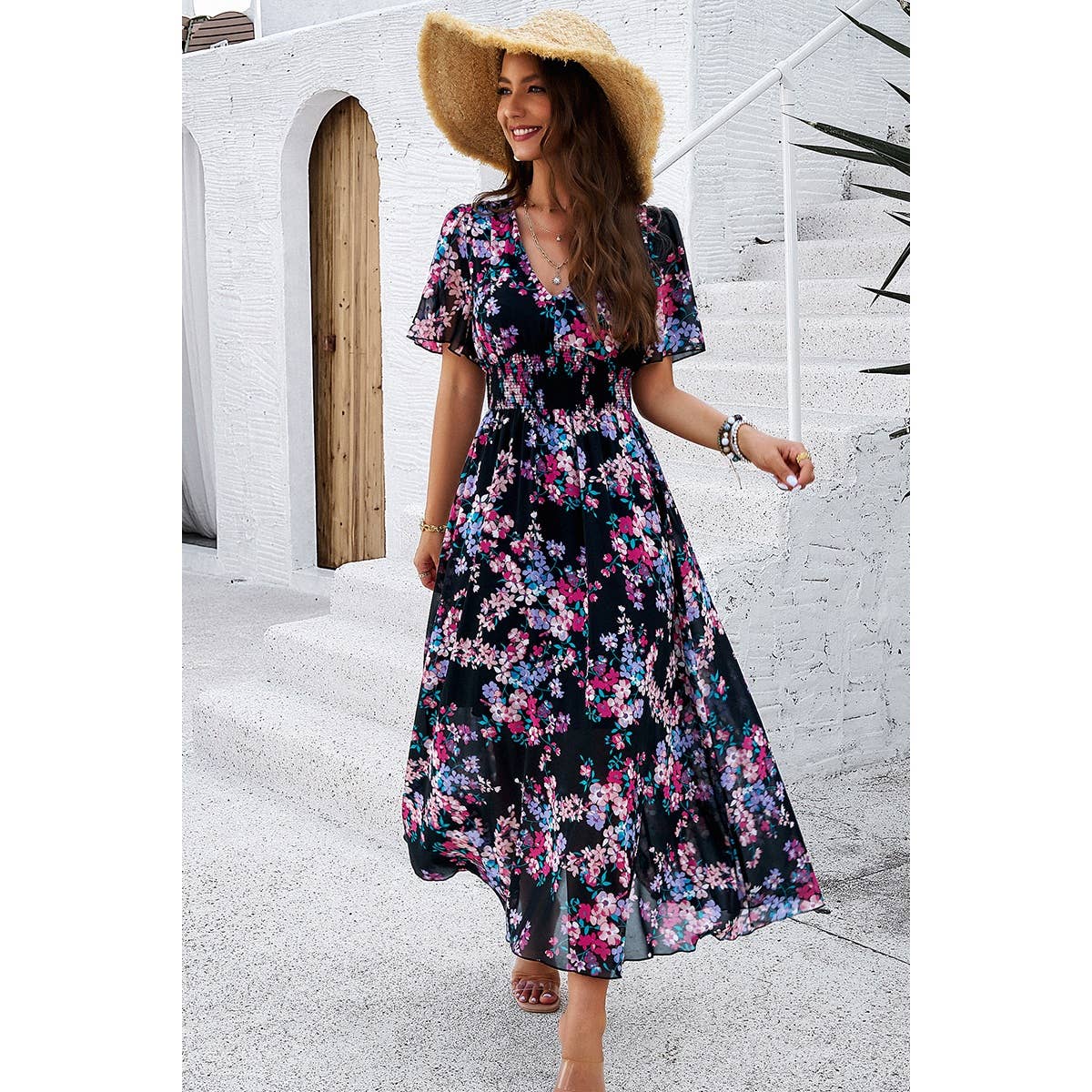 Floral Print High Waist Band Fit Lined Dress - MVTFASHION.COM
