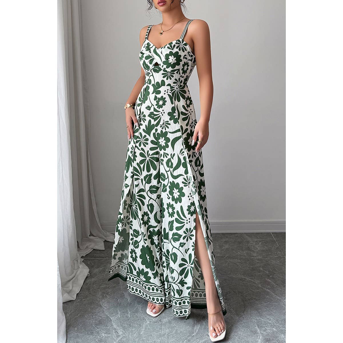 Floral Print High Waist Split Wide Leg Fit Jumpsuit - MVTFASHION.COM