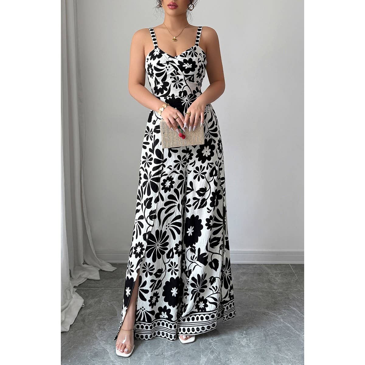 Floral Print High Waist Split Wide Leg Fit Jumpsuit - MVTFASHION.COM