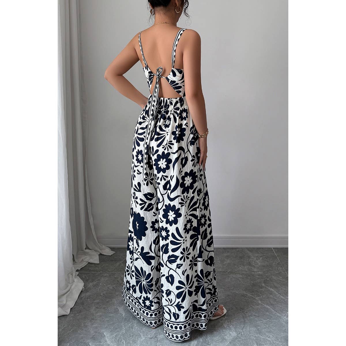 Floral Print High Waist Split Wide Leg Fit Jumpsuit - MVTFASHION.COM