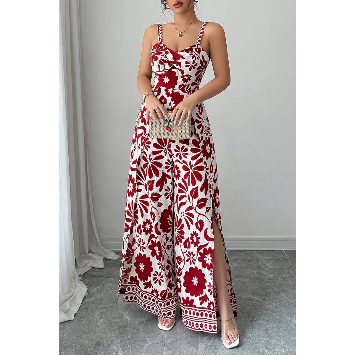 Floral Print High Waist Split Wide Leg Fit Jumpsuit - MVTFASHION.COM