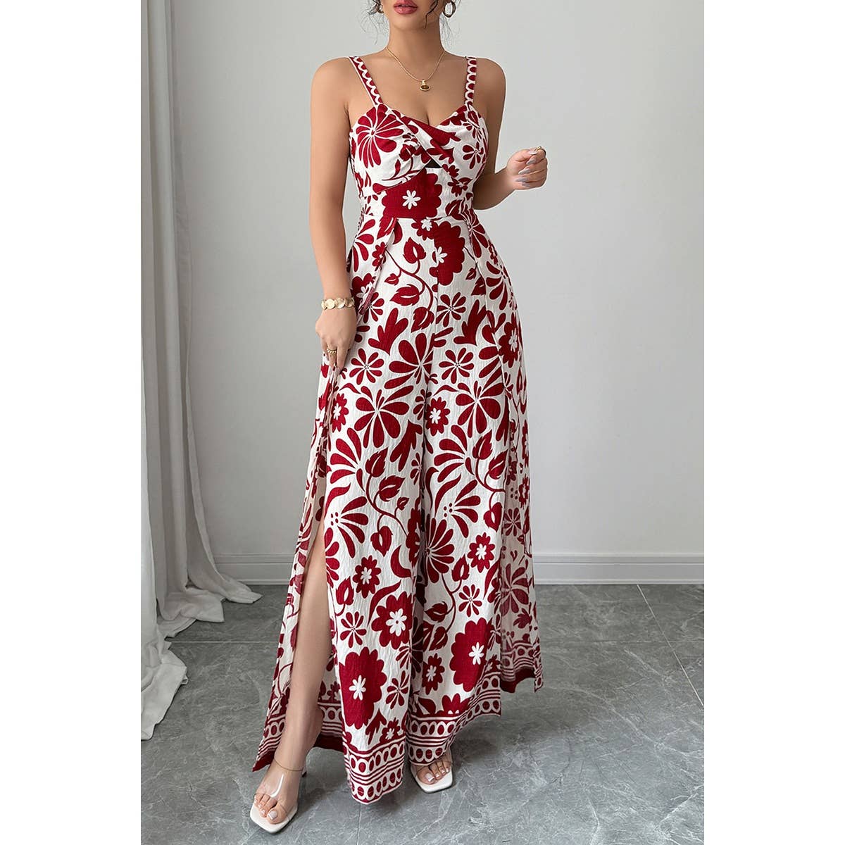 Floral Print High Waist Split Wide Leg Fit Jumpsuit - MVTFASHION.COM