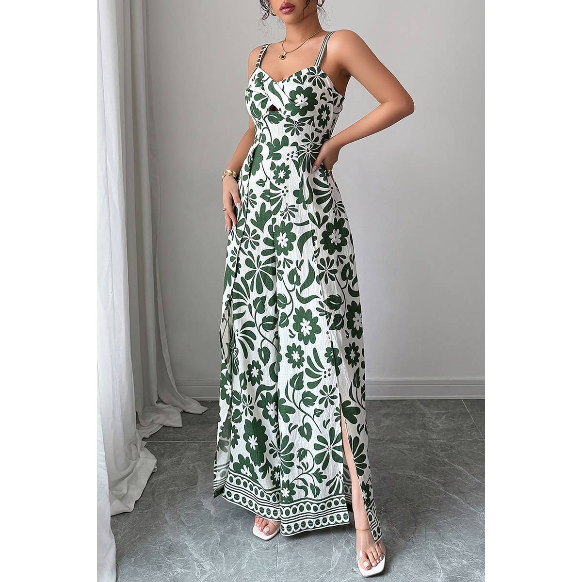Floral Print High Waist Split Wide Leg Fit Jumpsuit - MVTFASHION.COM