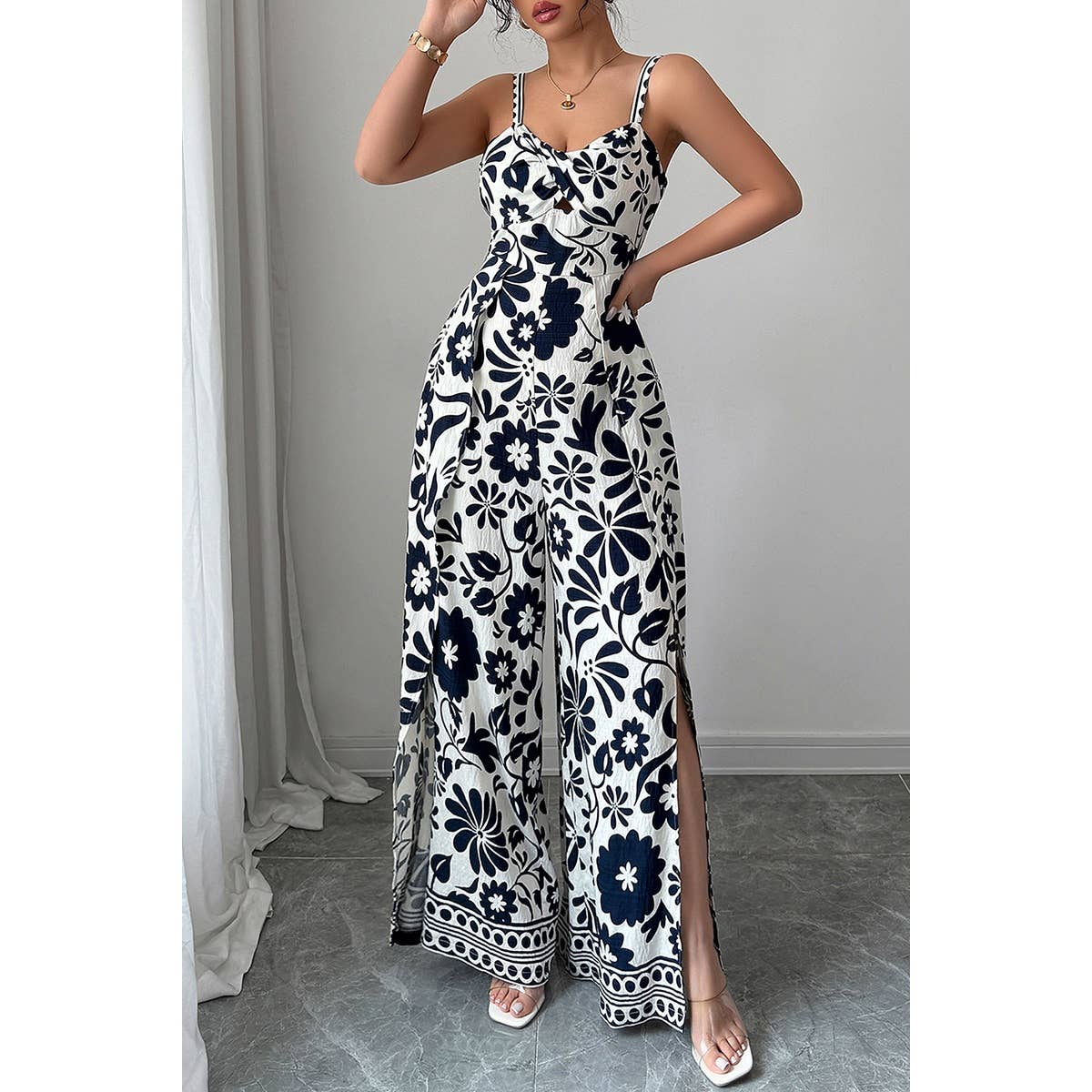 Floral Print High Waist Split Wide Leg Fit Jumpsuit - MVTFASHION.COM