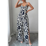 Floral Print High Waist Split Wide Leg Fit Jumpsuit - MVTFASHION.COM