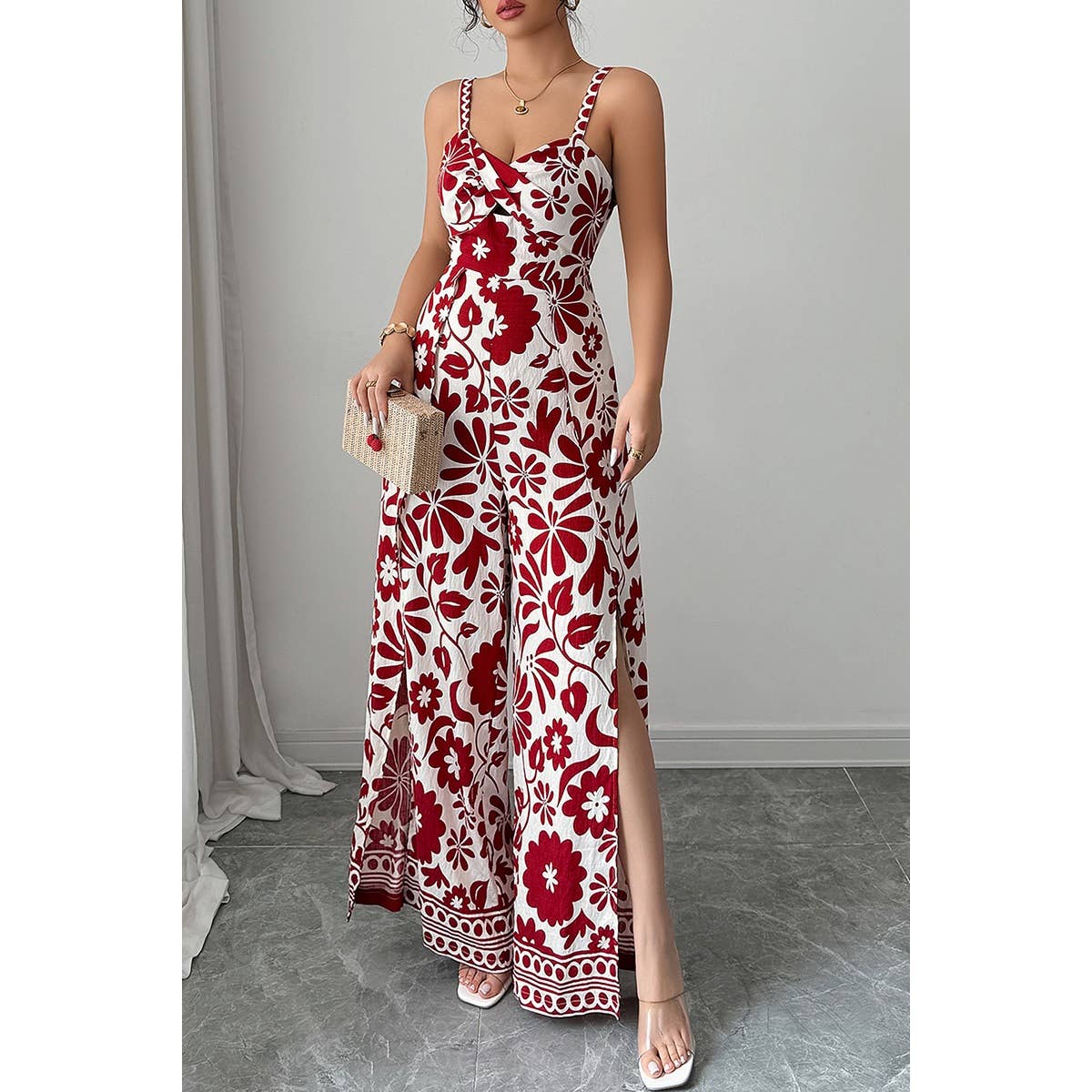 Floral Print High Waist Split Wide Leg Fit Jumpsuit - MVTFASHION.COM