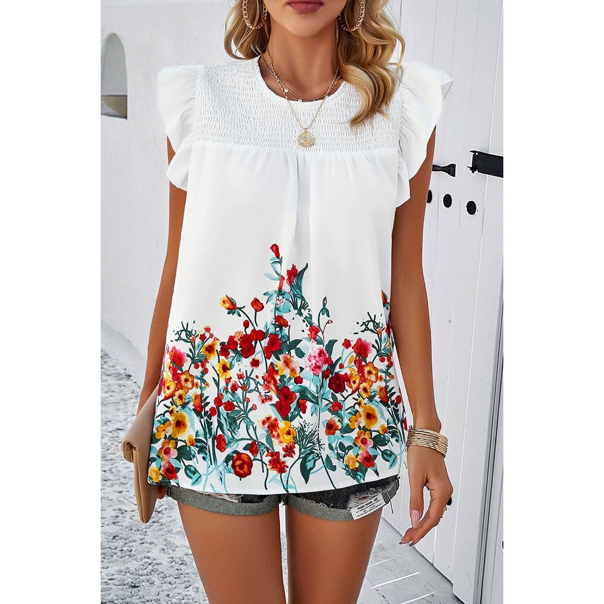 Floral Print Round Neck Ruched Loose Fit Top - MVTFASHION.COM