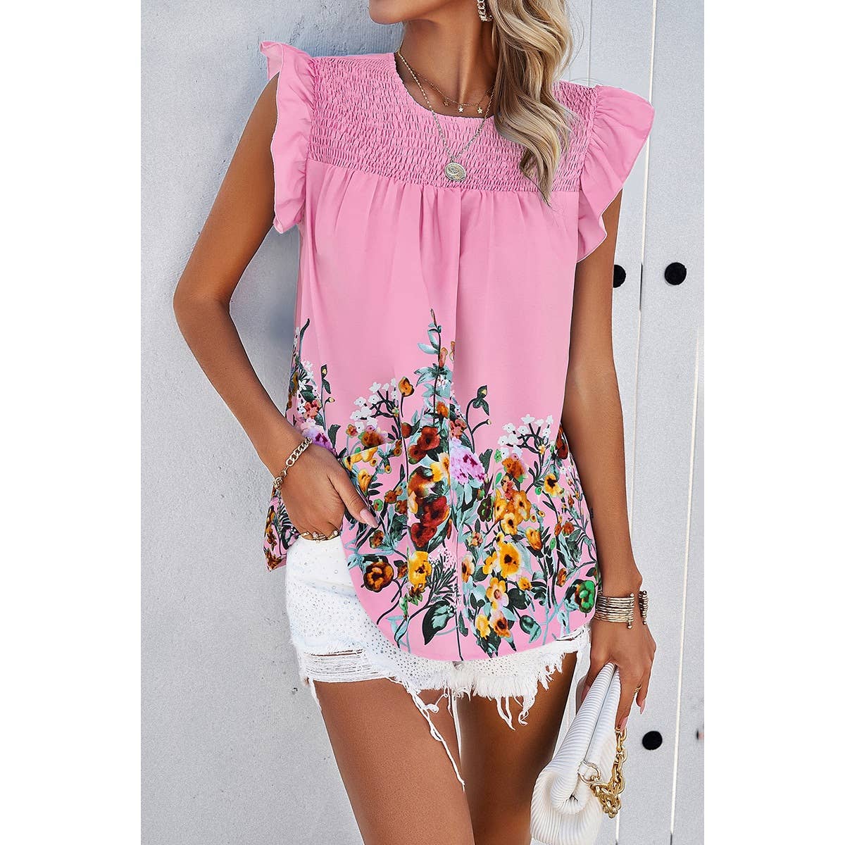 Floral Print Round Neck Ruched Loose Fit Top - MVTFASHION.COM