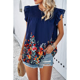 Floral Print Round Neck Ruched Loose Fit Top - MVTFASHION.COM