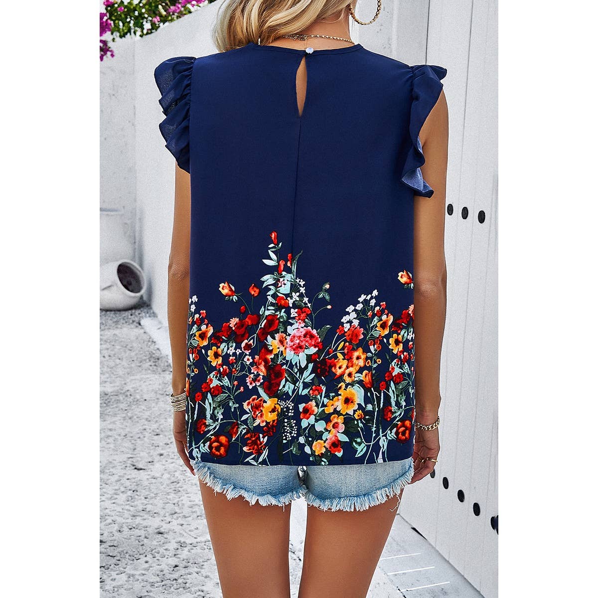 Floral Print Round Neck Ruched Loose Fit Top - MVTFASHION.COM