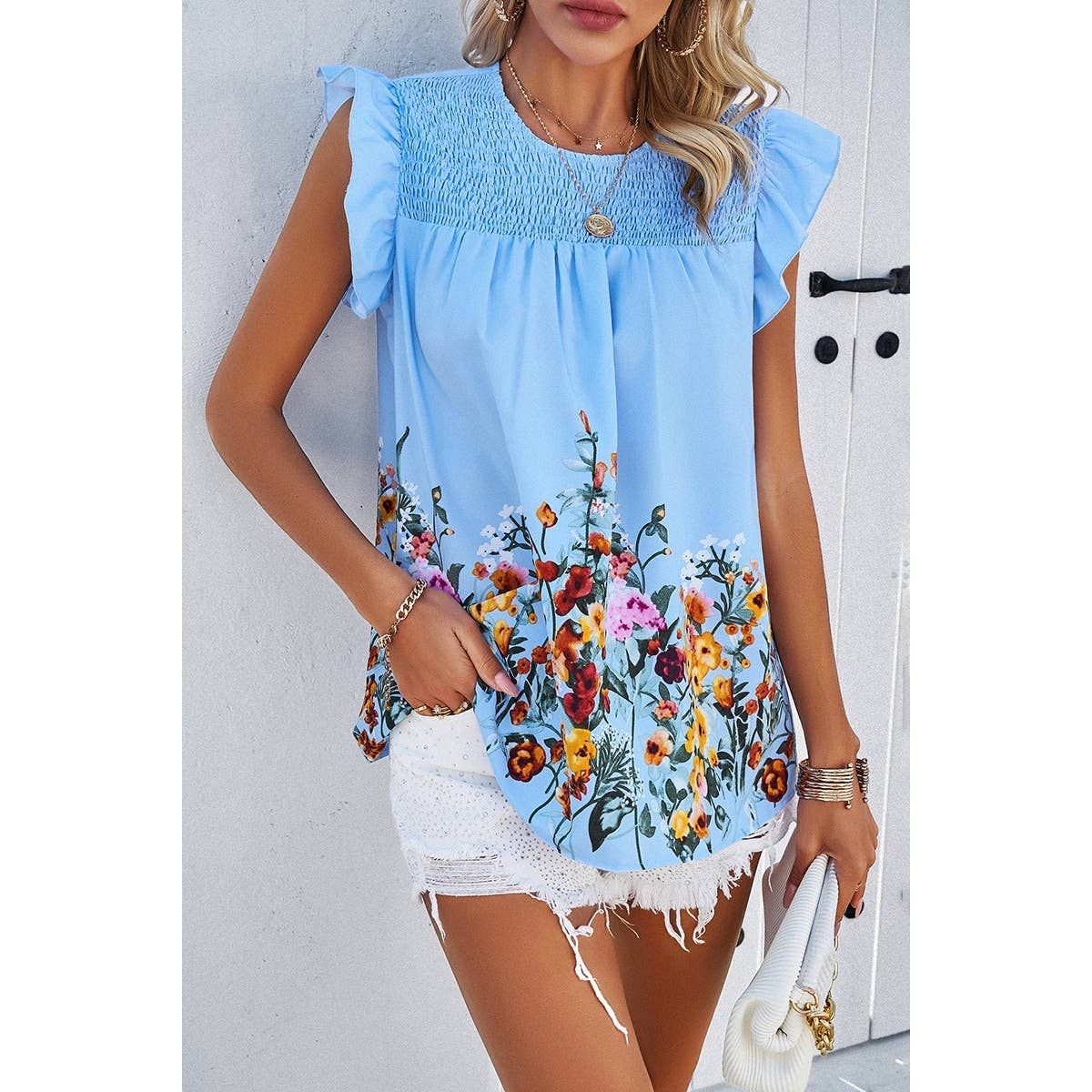 Floral Print Round Neck Ruched Loose Fit Top - MVTFASHION.COM