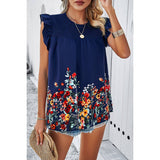 Floral Print Round Neck Ruched Loose Fit Top - MVTFASHION.COM