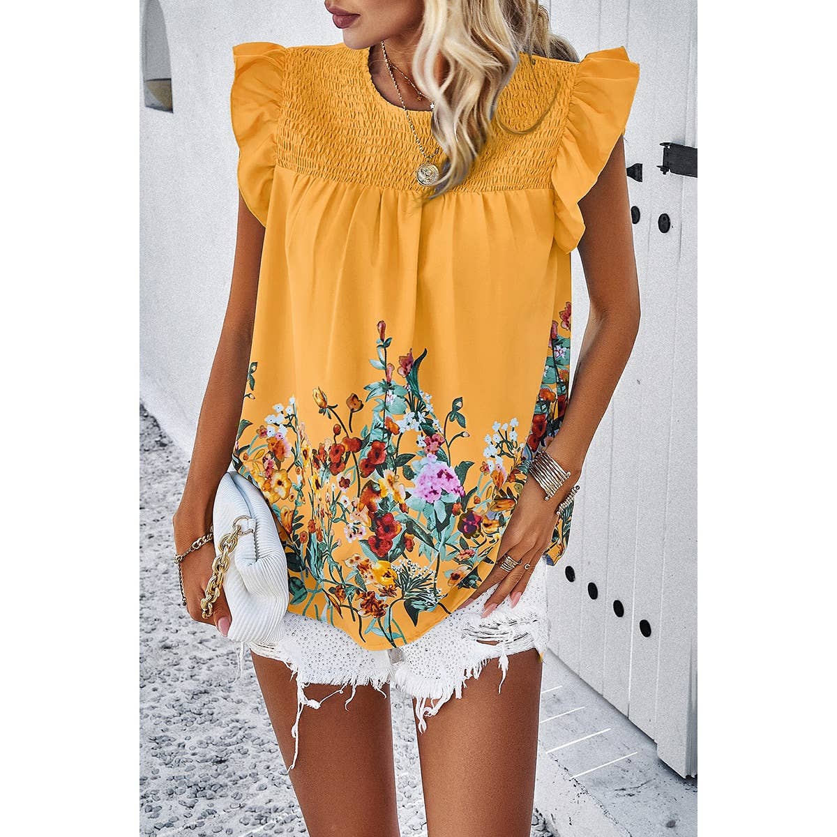 Floral Print Round Neck Ruched Loose Fit Top - MVTFASHION.COM