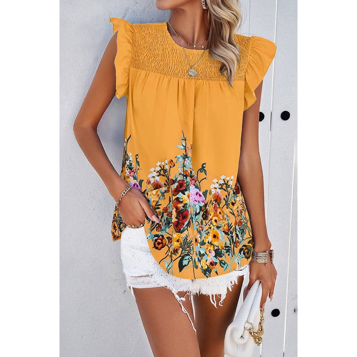 Floral Print Round Neck Ruched Loose Fit Top - MVTFASHION.COM