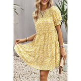 Floral Print Ruffle Color Block A Line Hem Ruched Dress - MVTFASHION.COM