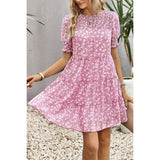 Floral Print Ruffle Color Block A Line Hem Ruched Dress - MVTFASHION.COM