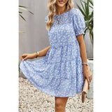 Floral Print Ruffle Color Block A Line Hem Ruched Dress - MVTFASHION.COM