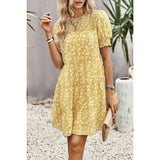 Floral Print Ruffle Color Block A Line Hem Ruched Dress - MVTFASHION.COM