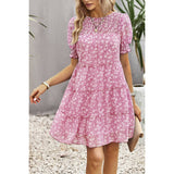 Floral Print Ruffle Color Block A Line Hem Ruched Dress - MVTFASHION.COM