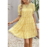 Floral Print Ruffle Color Block A Line Hem Ruched Dress - MVTFASHION.COM