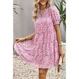 Floral Print Ruffle Color Block A Line Hem Ruched Dress - MVTFASHION.COM