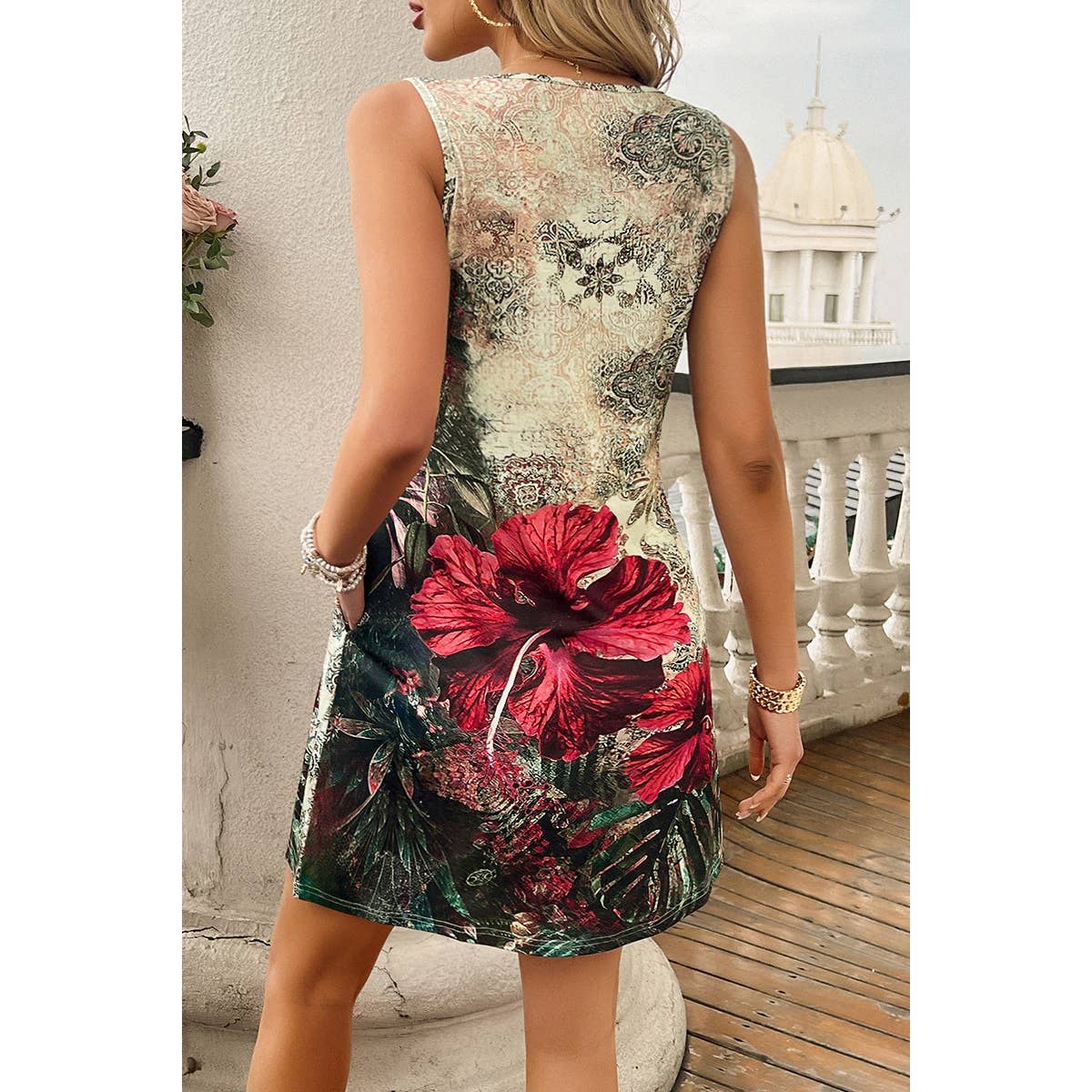 Floral Print Sleeveless Cut Out Fit Short Dress - MVTFASHION.COM