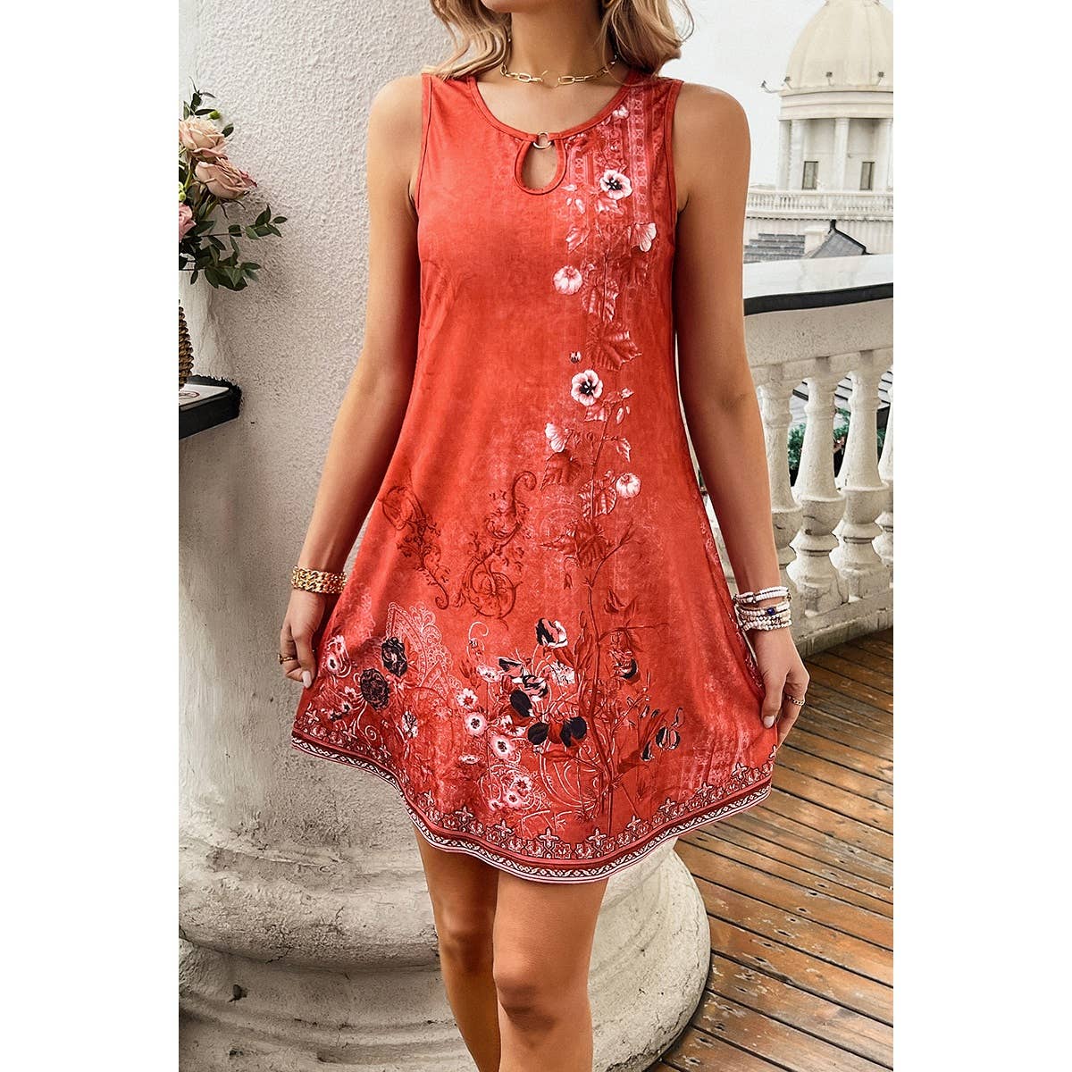 Floral Print Sleeveless Cut Out Fit Short Dress - MVTFASHION.COM