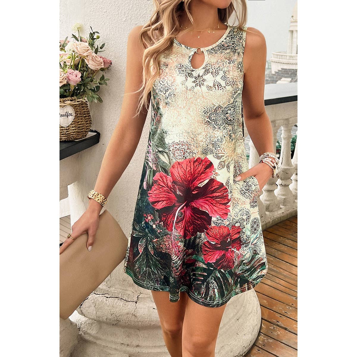 Floral Print Sleeveless Cut Out Fit Short Dress - MVTFASHION.COM