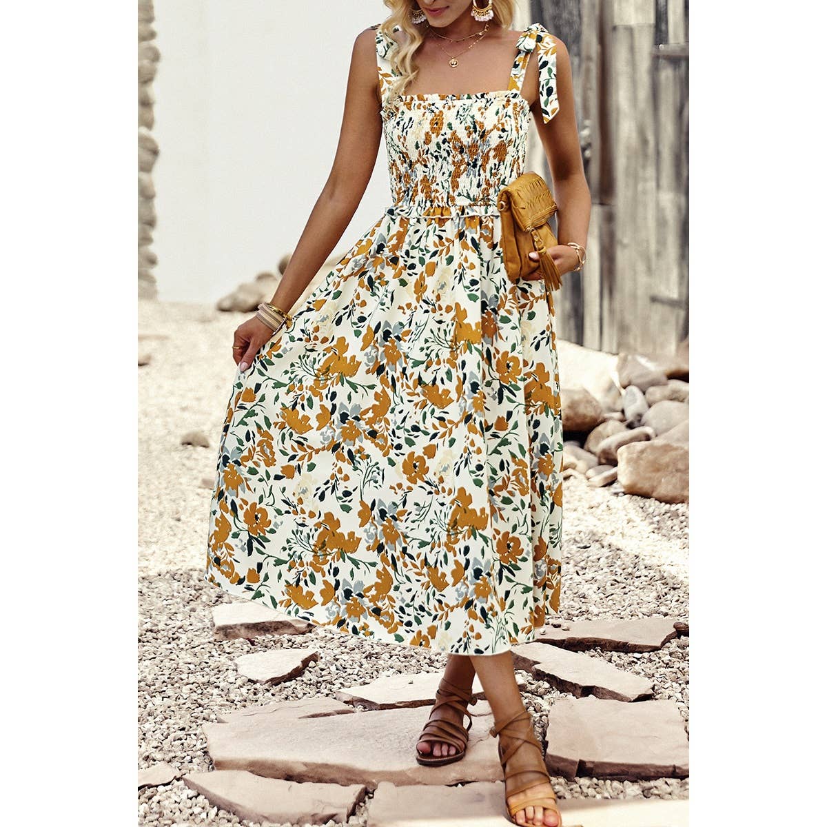 Floral Print Sleeveless Square Neck Fit Dress - MVTFASHION.COM