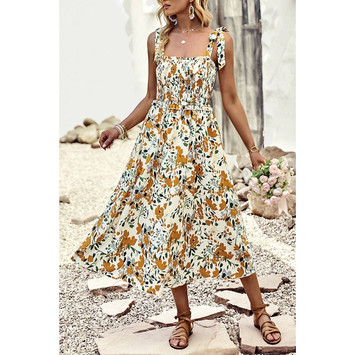 Floral Print Sleeveless Square Neck Fit Dress - MVTFASHION.COM