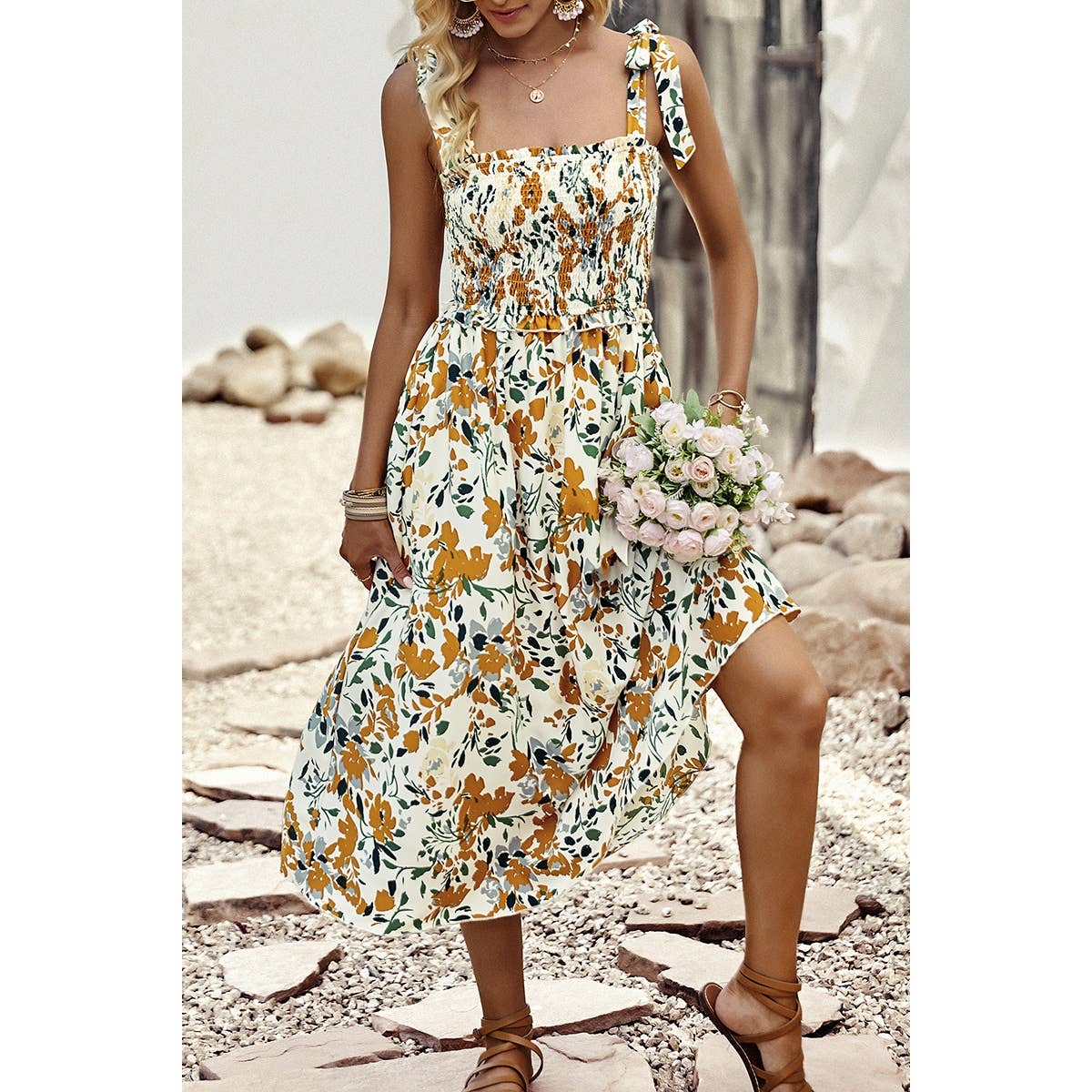 Floral Print Sleeveless Square Neck Fit Dress - MVTFASHION.COM