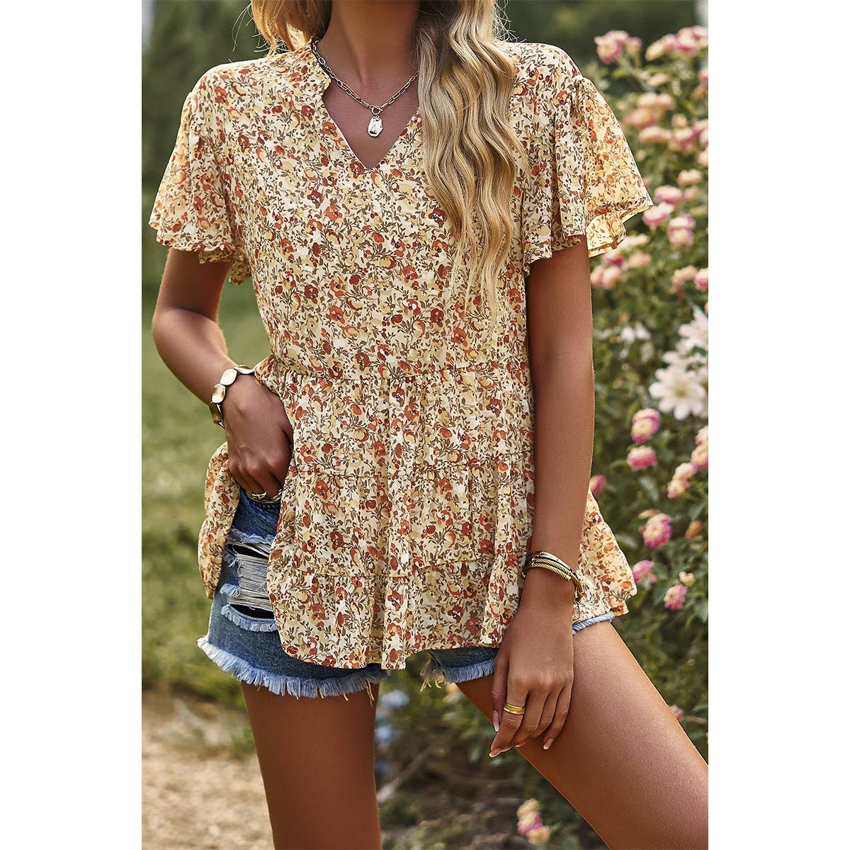 Floral Print Tie Neck Babydoll Blouse - MVTFASHION.COM