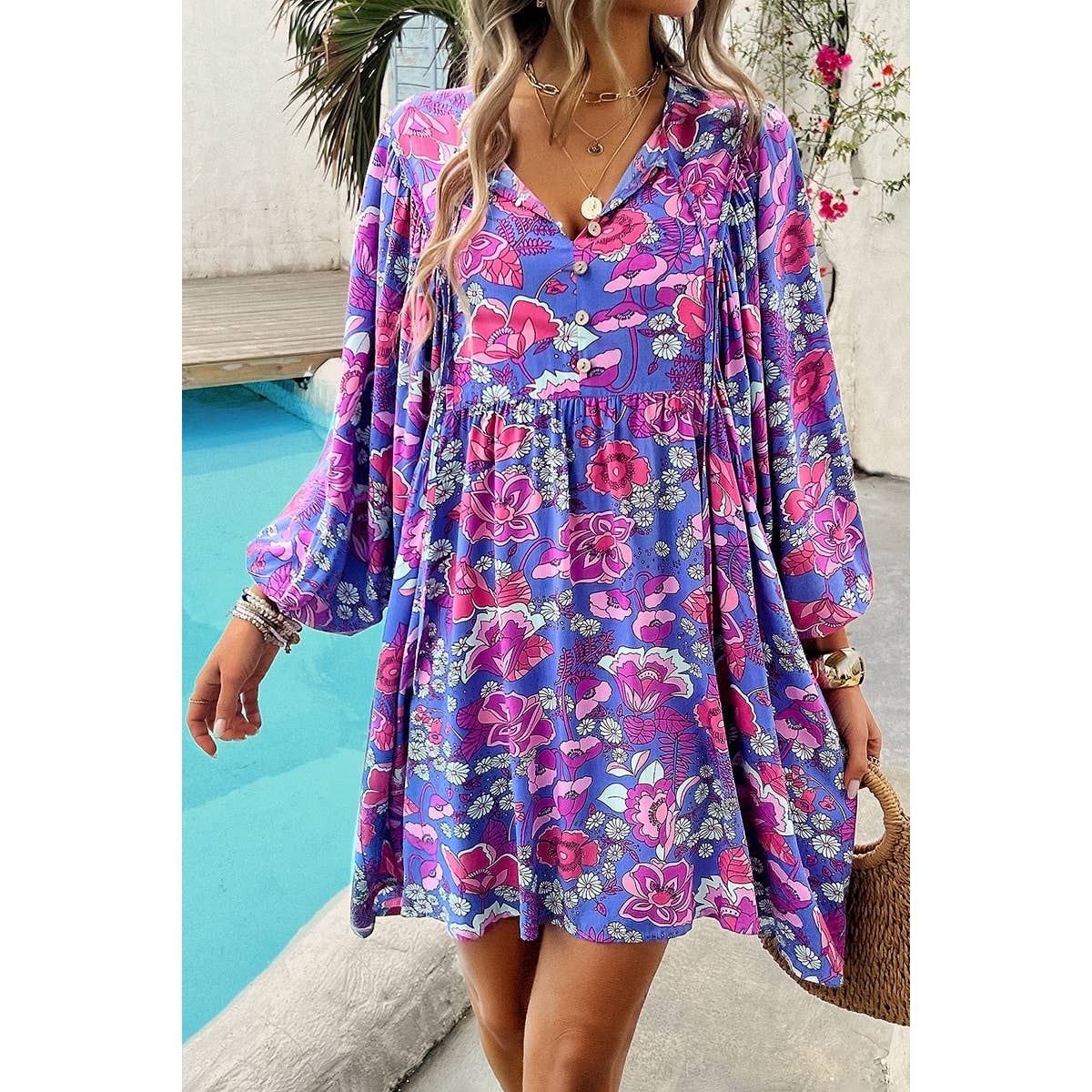 Floral Print V Neck Loose Fit Tank Ruffle Dress - MVTFASHION.COM