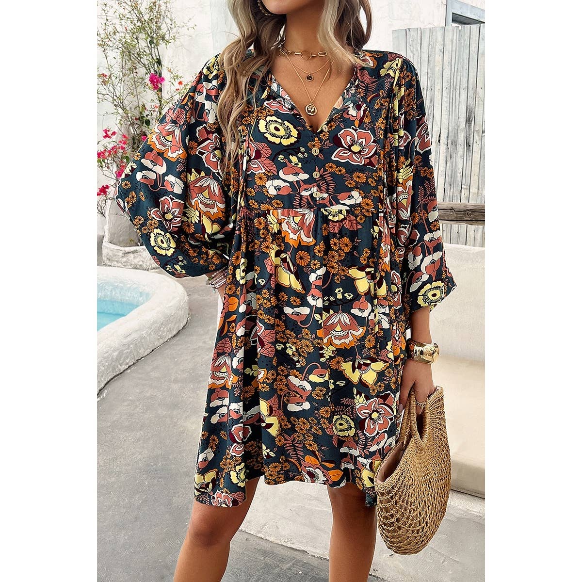 Floral Print V Neck Loose Fit Tank Ruffle Dress - MVTFASHION.COM