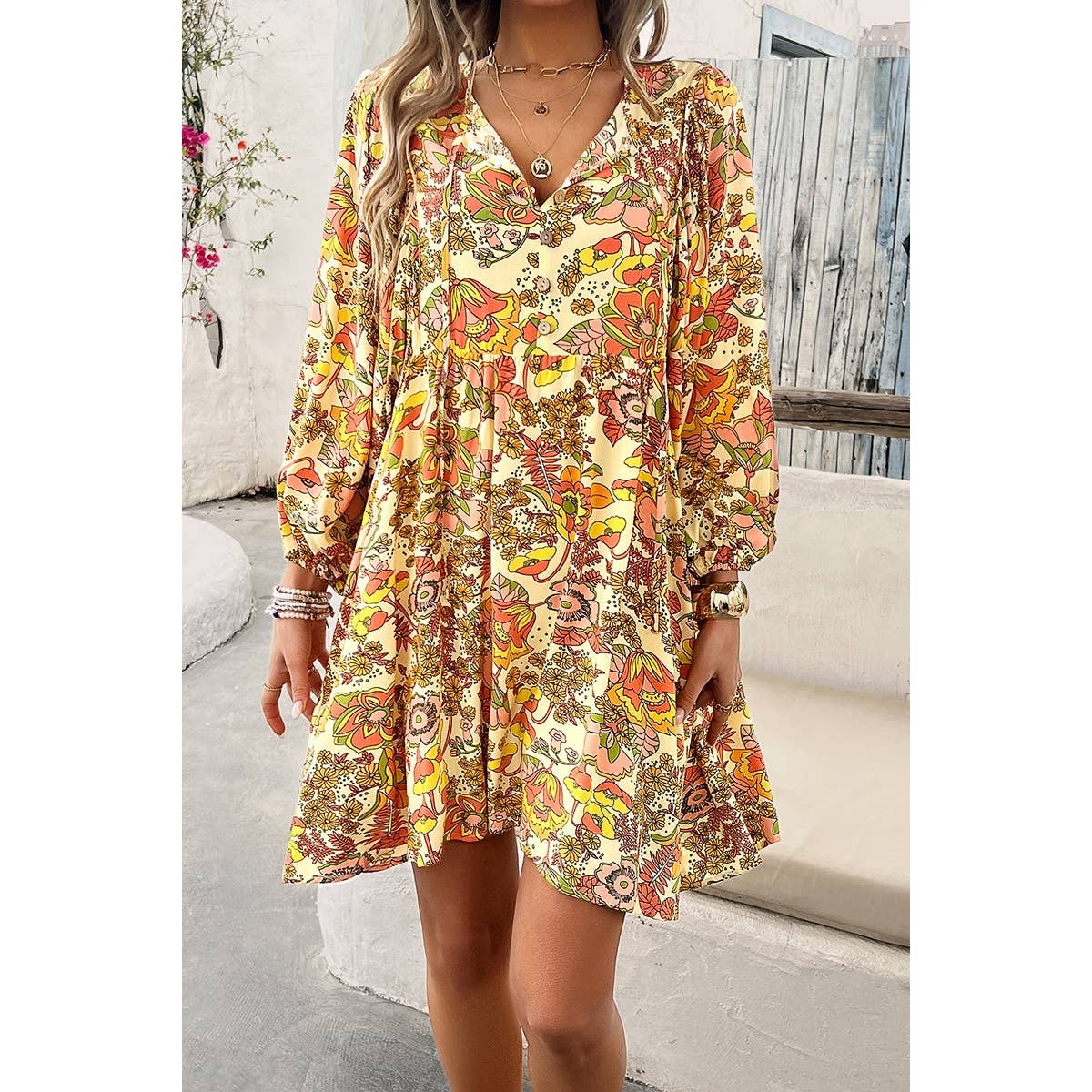 Floral Print V Neck Loose Fit Tank Ruffle Dress - MVTFASHION.COM